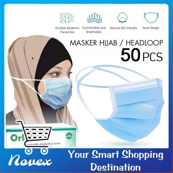 Masker Headloop Hijab 3 Ply 3Ply ORLEE Biru Blue 50pcs
