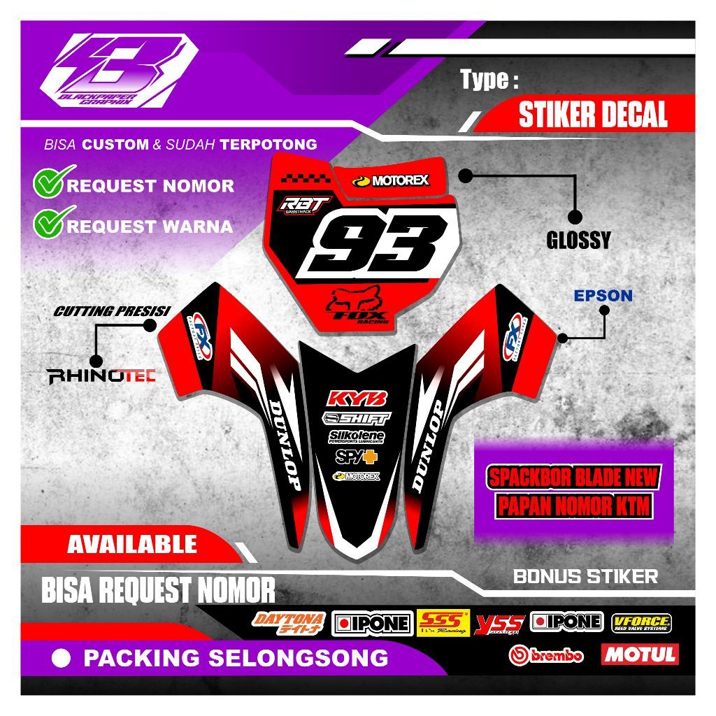 Decal Papan Ktm 85 Dan Spakbor Blade New Sticker Papan Nomor Dan Spakbor Depan Ktm 85