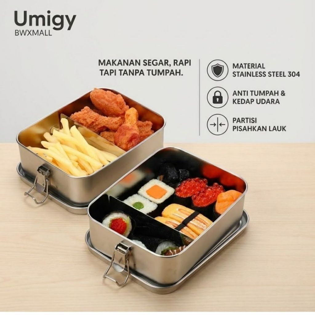 Lunch Box Set Umigy Kotak Makan Stainless 304 Premium Bento Box Sekat Anti Tumpah Tempat Bekal Makan