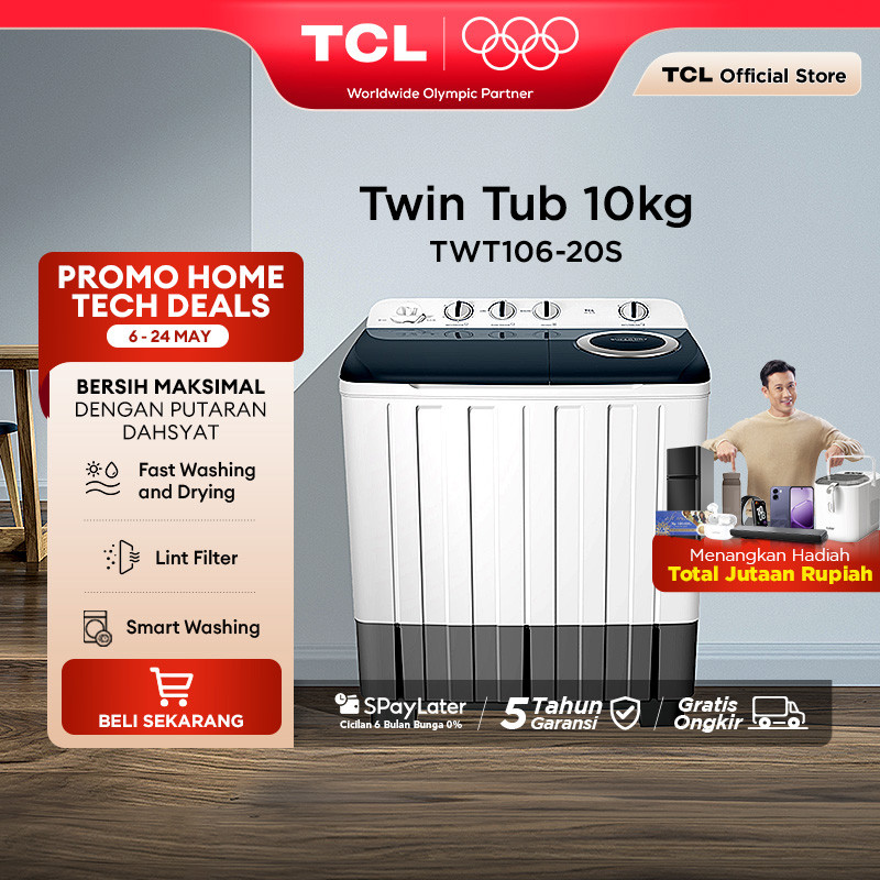 TCL Mesin Cuci 2 Tabung - Twintub 10KG - Lint Filter - Anti Karat - Anti Tikus (Model: TWT106-20S)