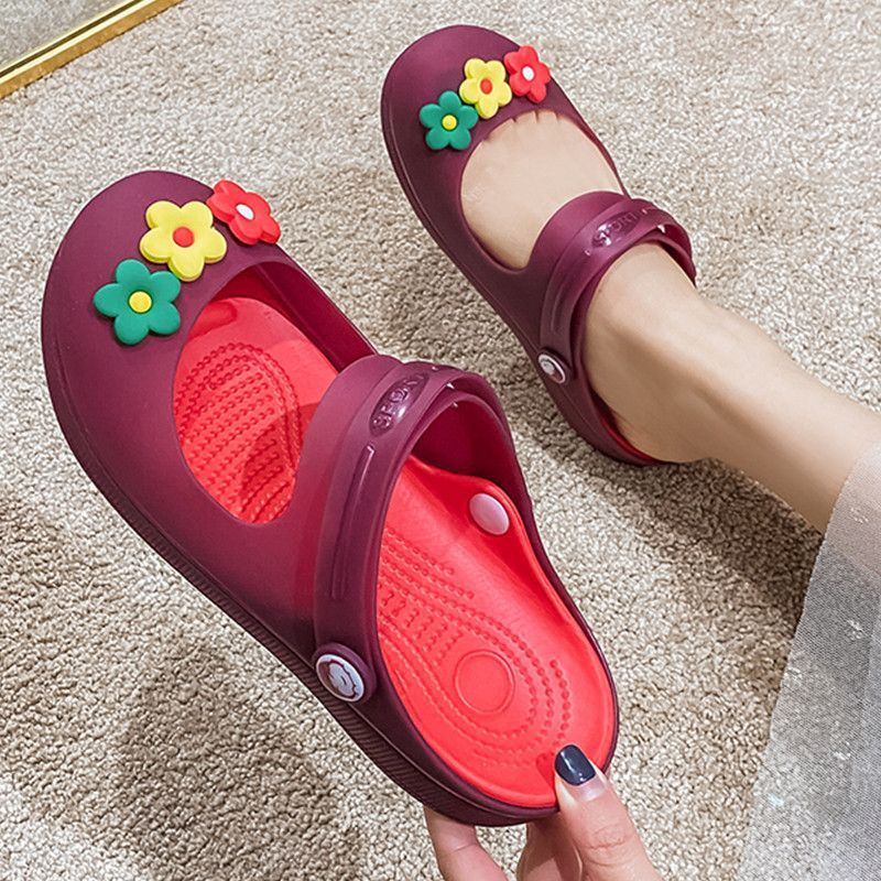 Sandal wanita berlubang motif bunga, sandal wanita, sepatu Mary Jane datar, sepatu pantai untuk pela