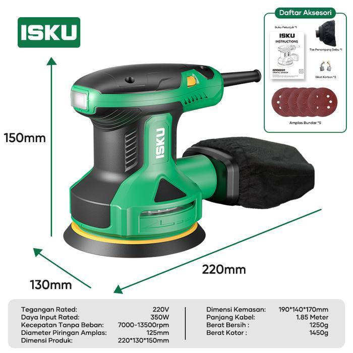 ISKU Mesin Amplas Listrik 5 Inch Orbital Sander 350W 6 Speed Kecepatan Alat Gosok Kayu Dempul Mobil 