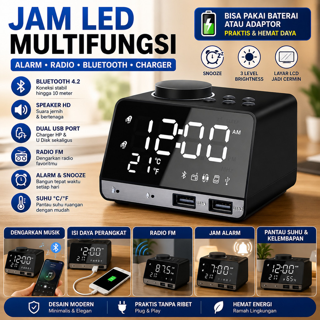 Jam Bluetooth Speaker Alarm Radio USB Charge
