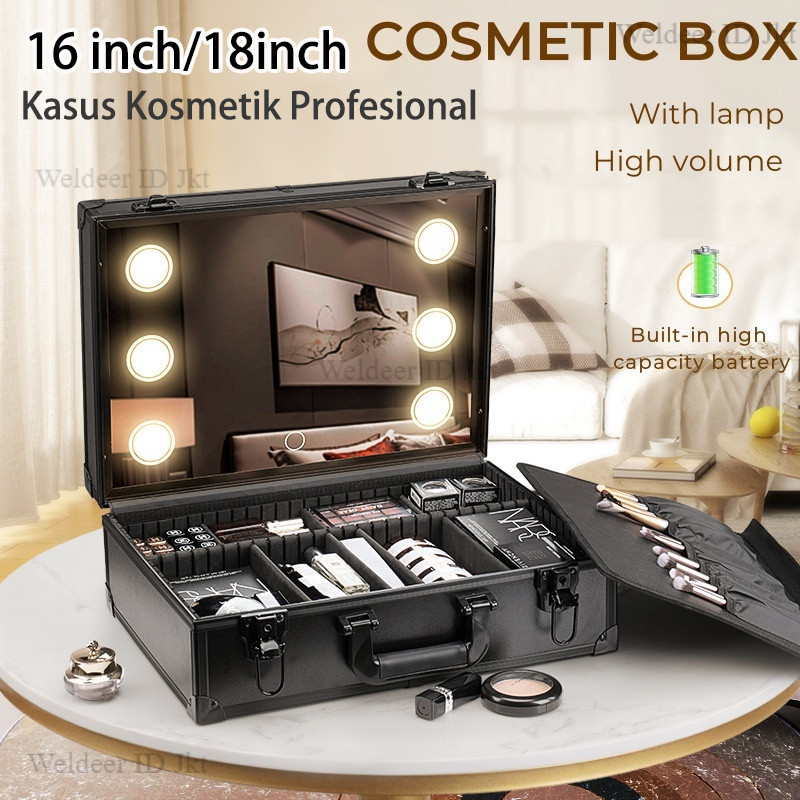 Tas Makeup Lampu LED Beauty Case Full Mirror Koper Kosmetik Portable Makeup Artist Bag Box Kosmetik 