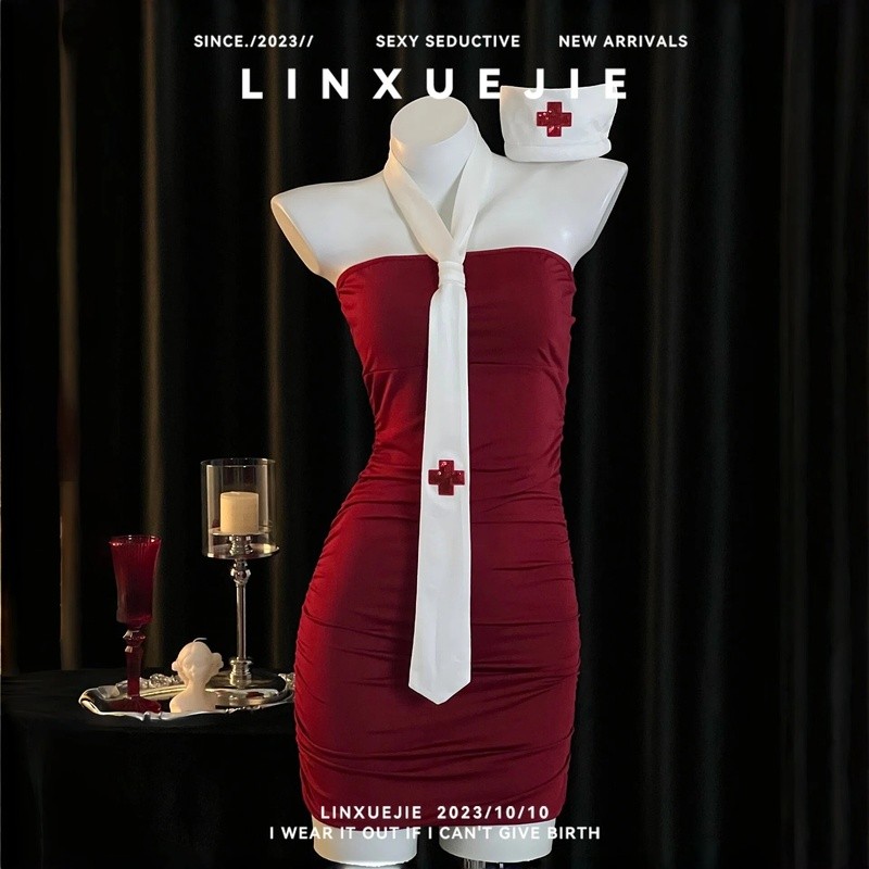 LINXUEJIE Kostum Perawat Sexy Wanita Dress Bodycon Merah Strapless Dasi Panjang Topi Nurse Cosplay L