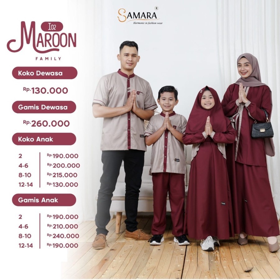 SARIMBIT ELEGAN SAMARA FASHION 2022 I02 MAROON GAMIS DEWASA G.I02 MAROON GAMIS ANAK GA.I02 MAROON KO