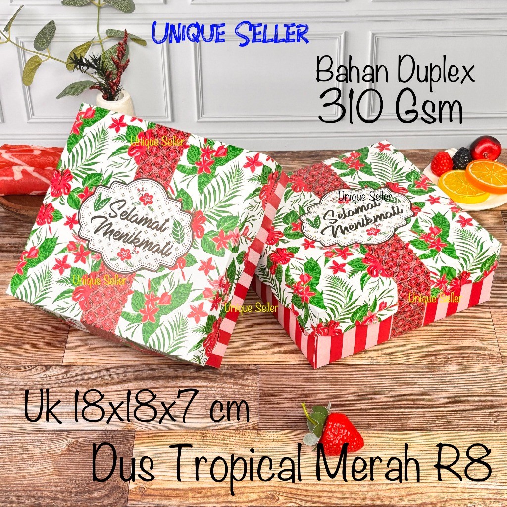 Isi10 Dus Nasi Kue Roti 18x18x7 cm R8 R8k Motif TROPICAL MERAH DUPLEX Renda Box Kotak Roti Kue Pudin
