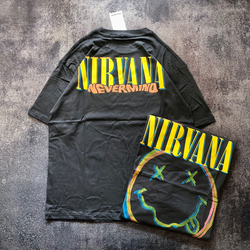Baju Kaos Pull&Bear Oversize Nirvana Logo Smile - T Shirt Band Vintage Oversize NIRVANA Logo Smile B
