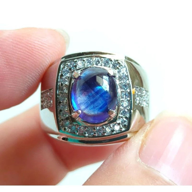 Cincin Batu Permata Blue Safir Asli Natural Ikat Perak 926 BANGKOK