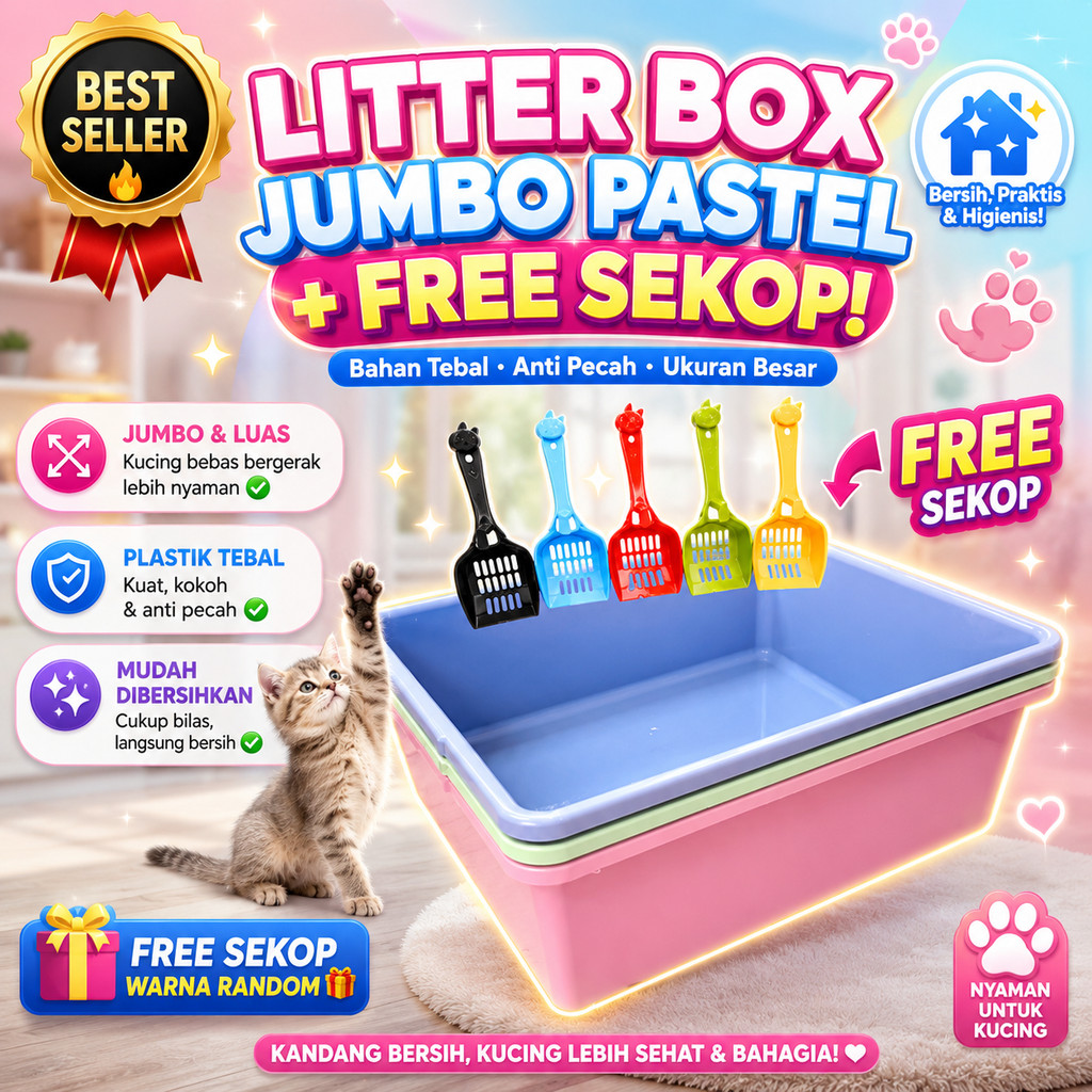 LITTER BOX KUCING JUMBO UKURAN 38 X 32 X 12 CM | TEMPAT KOTORAN KUCING DAN PASIR TOILET BASKOM BAK B