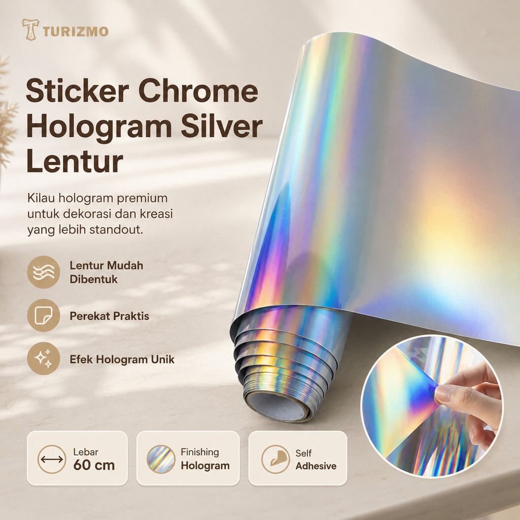 Sticker Chrome Hologram Silver Lentur untuk Wrapping Motor Mobil dan Dekorasi Ukuran 60x100CM