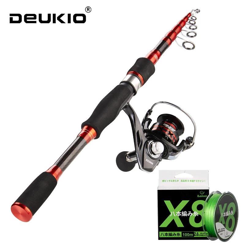 DEUKIO 1.8-2.4M Spinning Fishing Combo Telescopic Fishing Rod and 5.2:1 High Speed Fishing Reel with