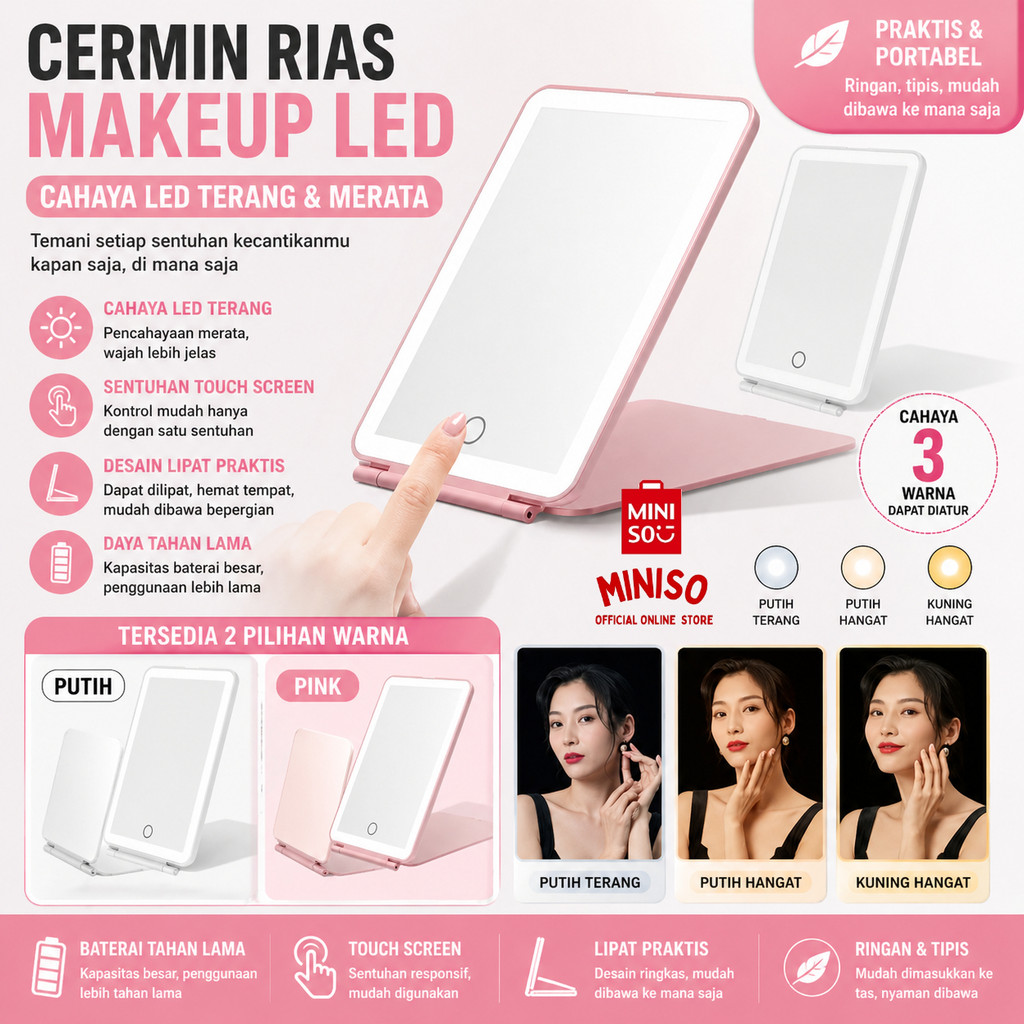 MINISO BALI | Cermin Lipat Dengan Lampu LED Portable Makeup Cermin LED Cermin Rias USB Recharge Adju