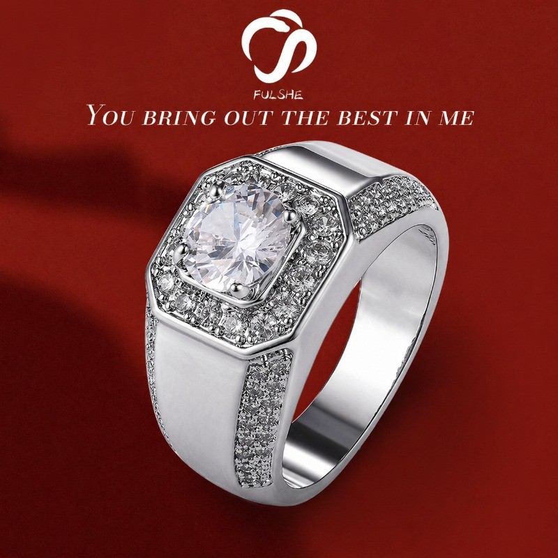 FULSHE Cincin Kawin Pria Platinum Emas Asli Cincin Zirkonium Flash 5A