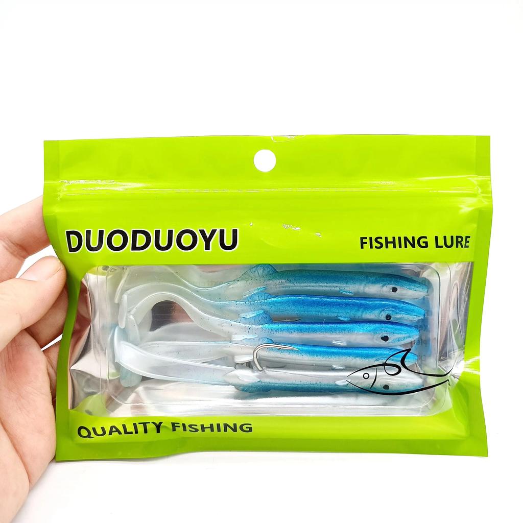 DUODUOYU 5PCS Eel Shad Fishing Lure 115mm/4g Soft Bait with Sharp Hook Set for Bass Fishing Rig Sink