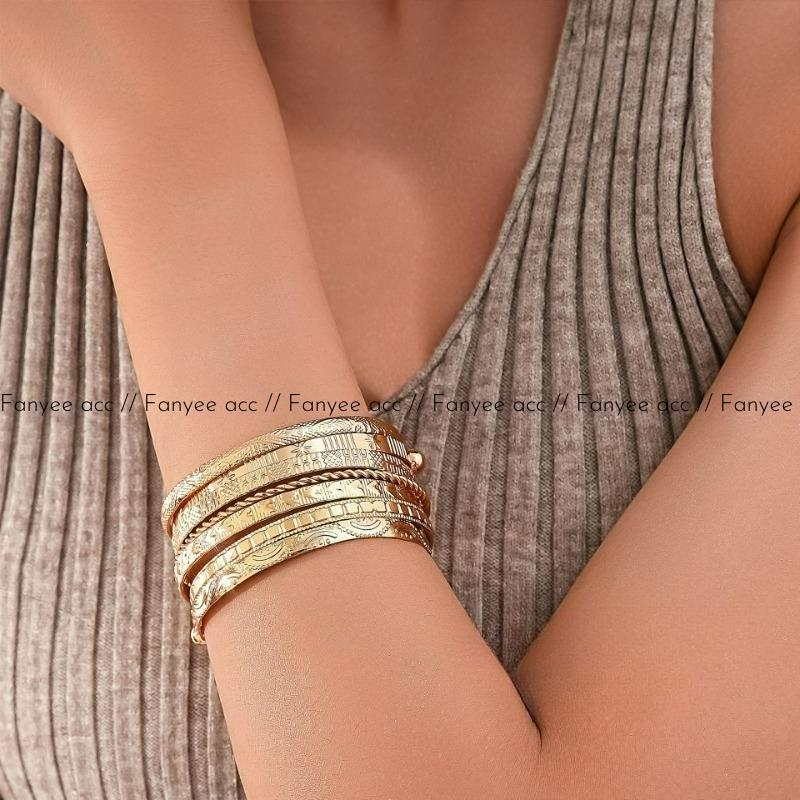 [Fanyee] Gelang Set 7 Pcs Warna Emas Model Buka Gaya Sederhana, Berkilau Lembut & Mewah, Cocok Hadia