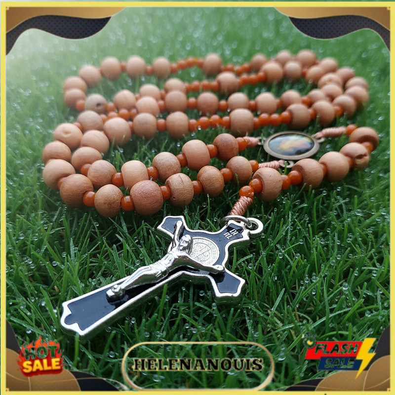 Kalung Rosario Cendana 77 Bapa Kami Kayu 8mm Katolik Aksesoris Souvenir Salib Pria Wanita Tali Murah