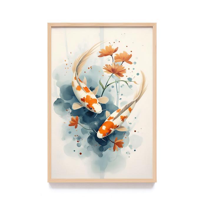 Lukisan Poster Print Ikan Koi frame kayu, dekorasi dinding kamar rumah - 109A, Frame Natural