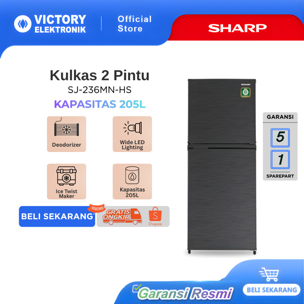 ps SHARP Kulkas 2 Pintu SJ-236MN-HS BERKAPASITAS BESAR 205L SHARP Kirei Series Dark Silver