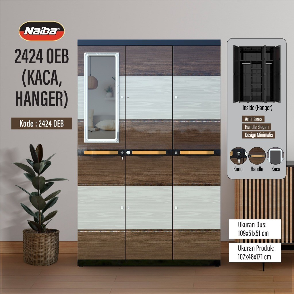 Naiba 2524 / 2504 (FULL RAK) - LEMARI PLASTIK 3 PINTU FULL RAK KACA + KUNCI NAIBA FIT JUMBO / LEMARI