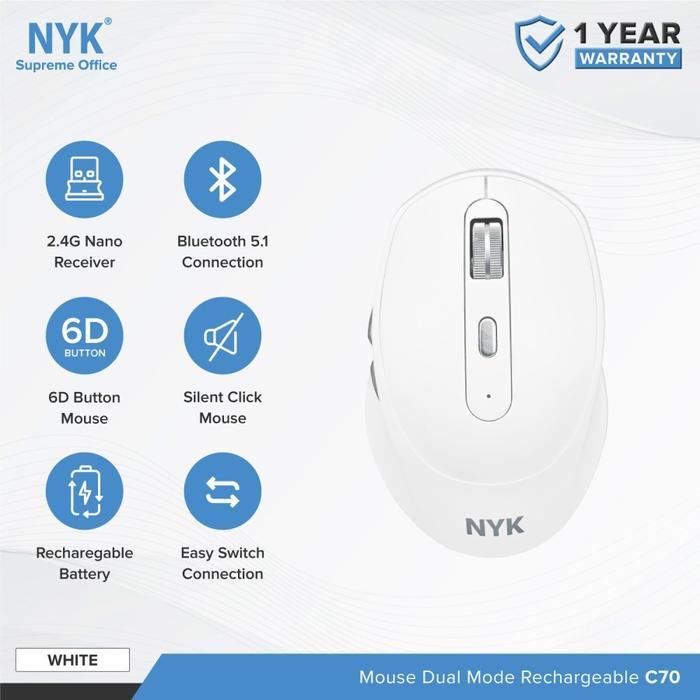 Mall = Aksesoris Gaming= NYK C70 / C-70 Silent Click Dual Mode Bluetooth Wireless Mouse - White