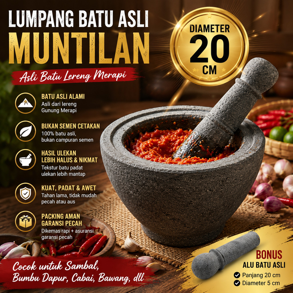 Lumpang batu asli Muntilan dari batu lereng Merapi Diameter 20cm — awet, berat, natural, bukan semen