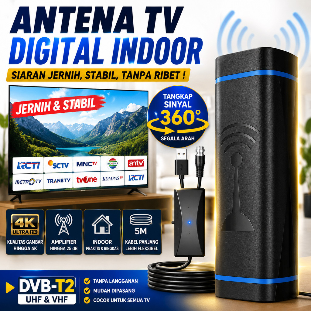 Antena TV Digital Indoor Dvb-T2 Booster Murah Awet Kuat Praktis Ringkas Penguat Sinyal Bagus Bahan P