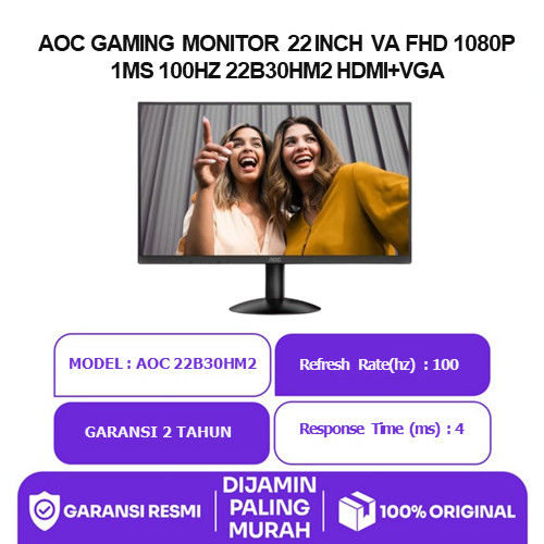 AOC GAMING MONITOR 22 INCH VA FHD 1080P 1MS 100HZ 22B30HM2 HDMI+VGA