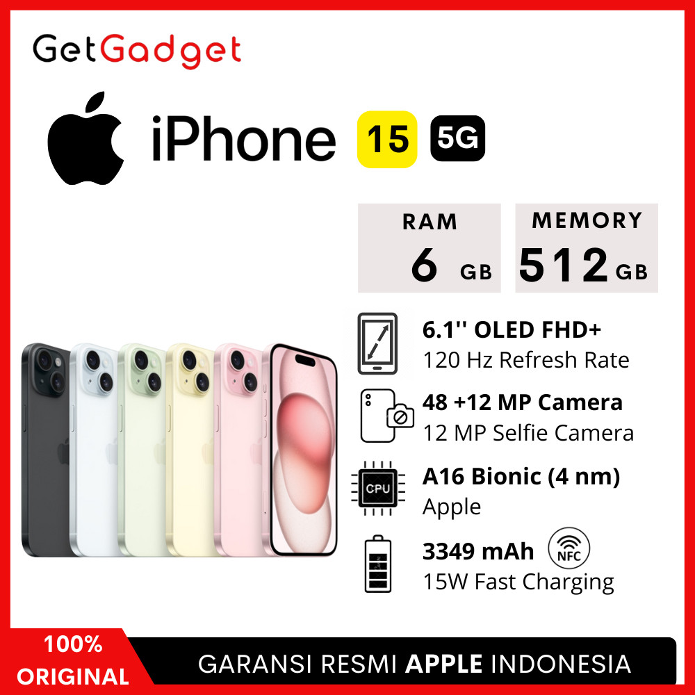 Apple iPhone 15 - 128GB 256GB 512GB - New Baru Original Garansi Resmi Indonesia GDN iBox
