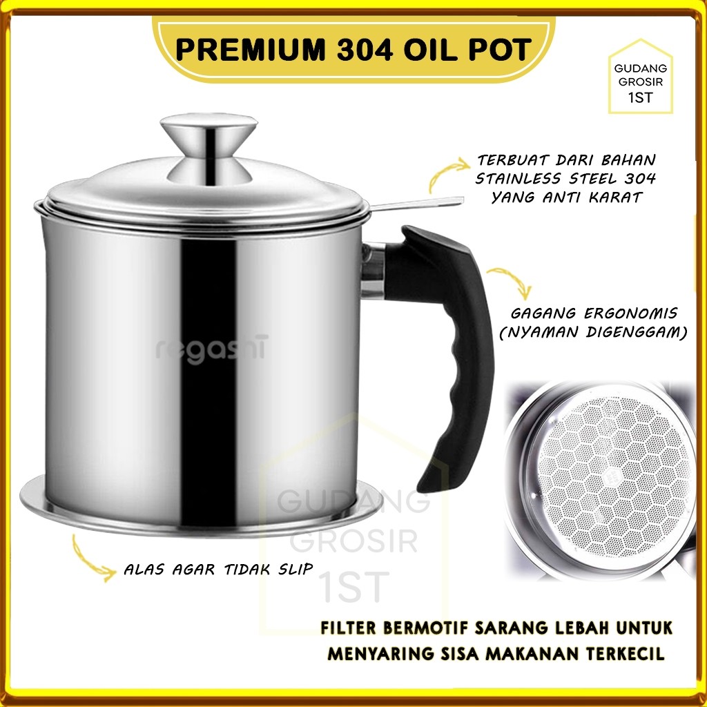 Regashi Premium 304 Oil Pot | Wadah Saringan Minyak Goreng | Kitchen Oil Pot Honeycomb Style | Tempa