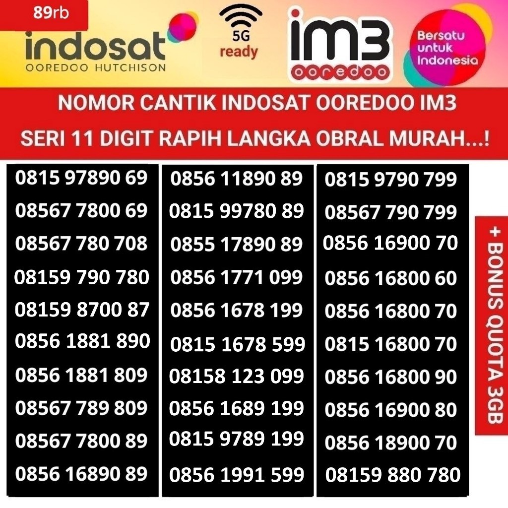 nomer cantik 11 digit indosat ooredoo 4G 5G ready nomor kartu perdana im3 internet freedom 3GB