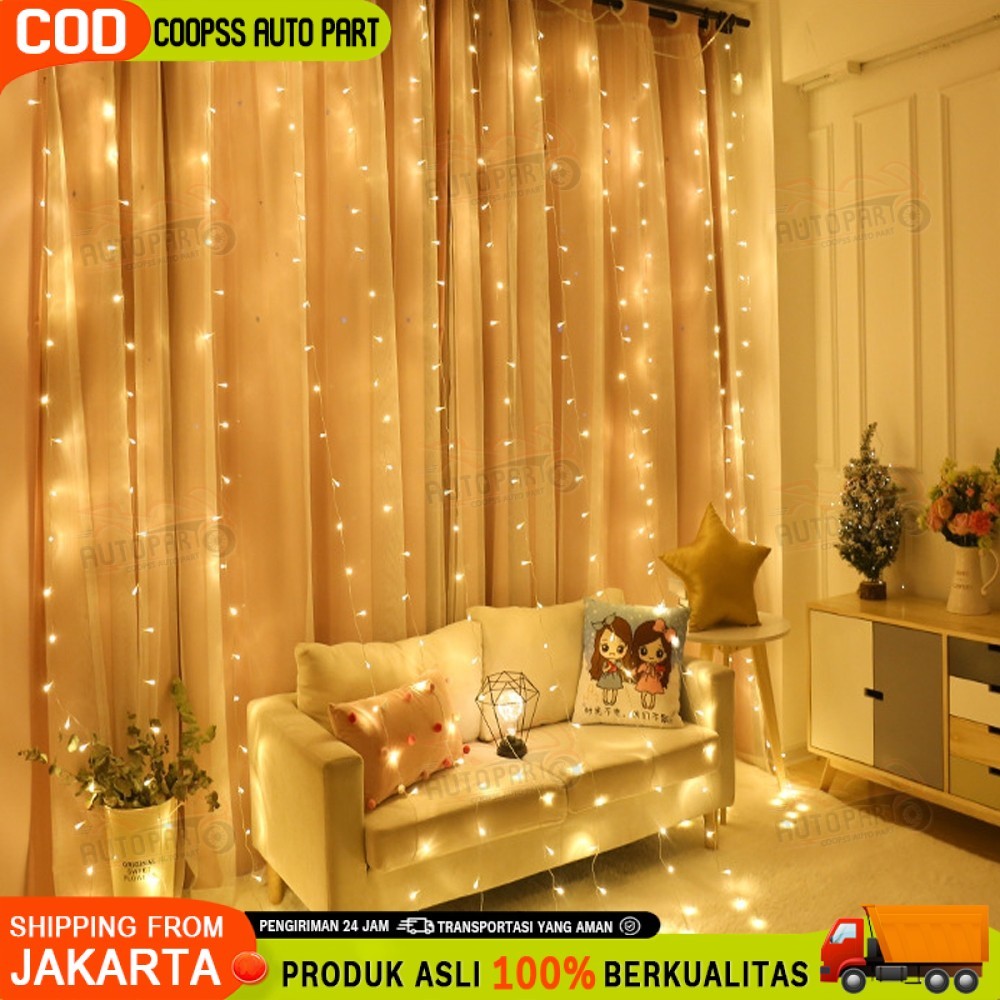 Coopssautopart Lampu Tirai LED String Fairy Light Lampu Hias Gantung Bintang & Air Terjun 3×3meter L