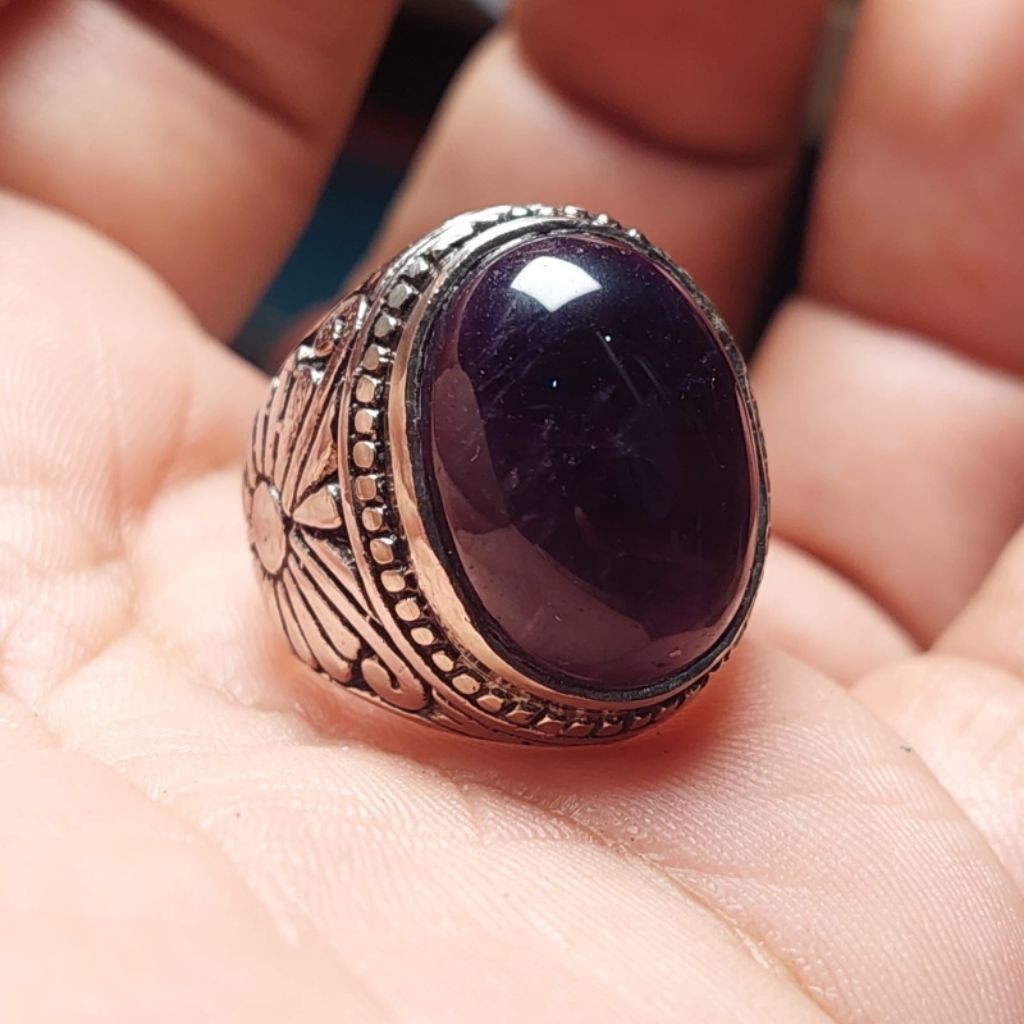 Cincin batu kecubung wulung 18mm ungu tua brazil / Akik amethyst quartz permata 15