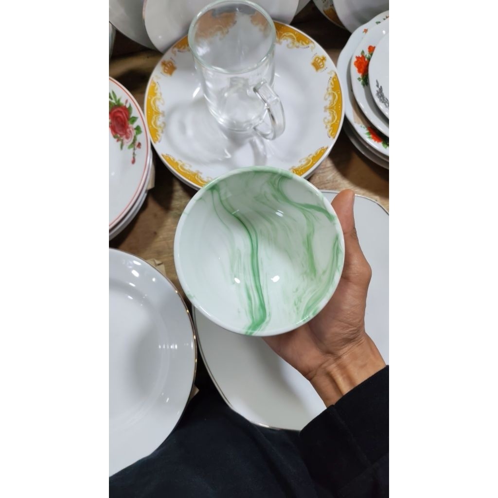 Mangkok Nasi Keramik 4.5 Inch Motif Marmer Hijau – Mangkok Sup Estetik 6pcs terbaik