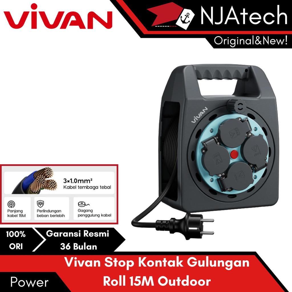 Vivan Stop Kontak Roll Gulungan Outdoor Extension Kabel Panjang 15M Cuk Roll 4 Socket Engineering