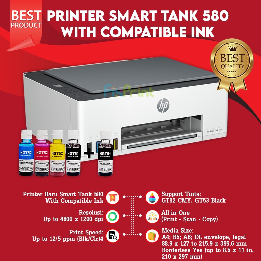 Printer HP Printer Inkjet Smart Tank 580 Print Scan Copy WiFi A4 Printer HP 520 Print Scan Copy Gara
