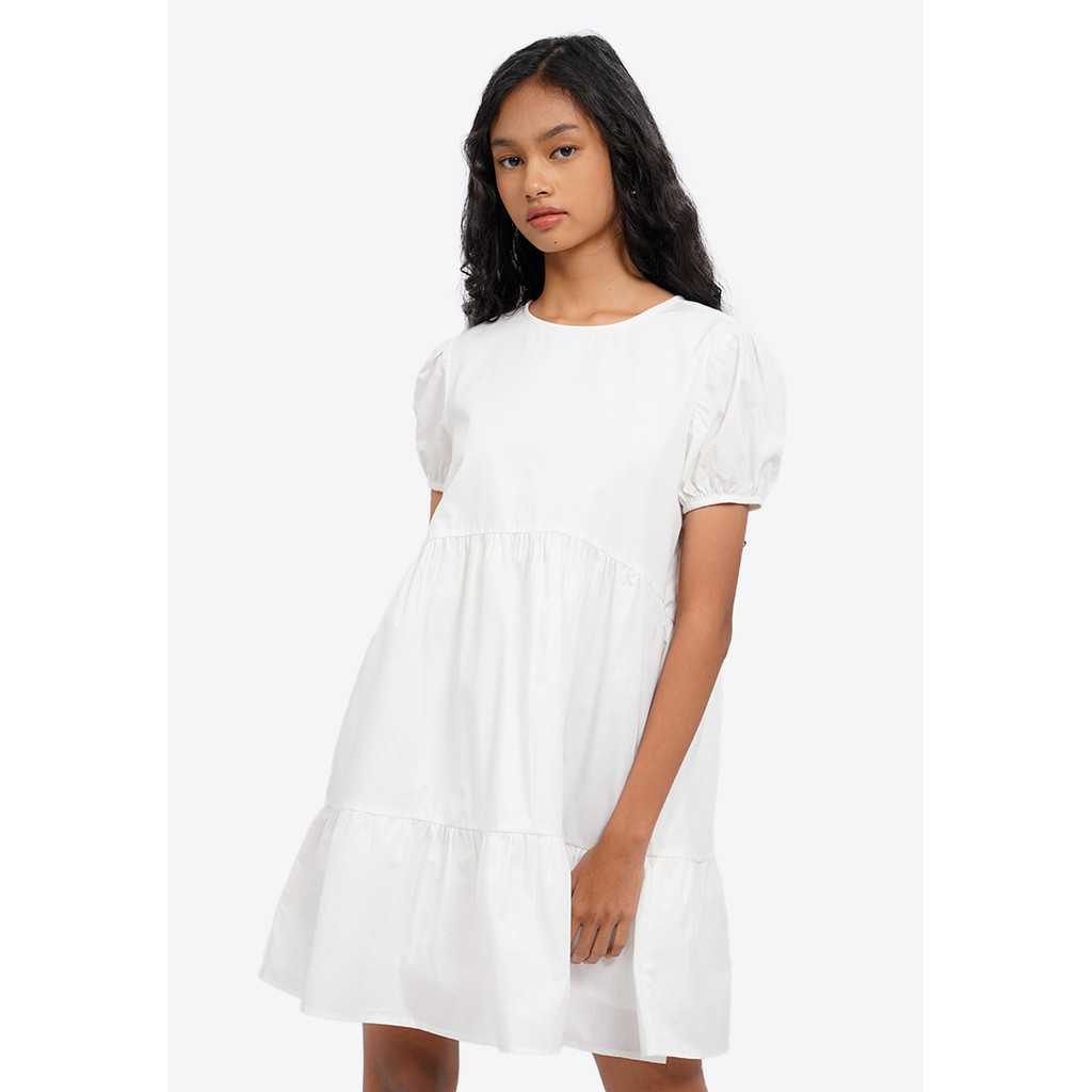 JUANXSHOP COLORBOX Puff Sleeve Tiered Mini Dress Off White