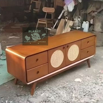Buffet meja tv 150 cm 200 cm laci 4 pintu 2 kupu tarung kombinasi rotan alami rattan kayu jati perhu
