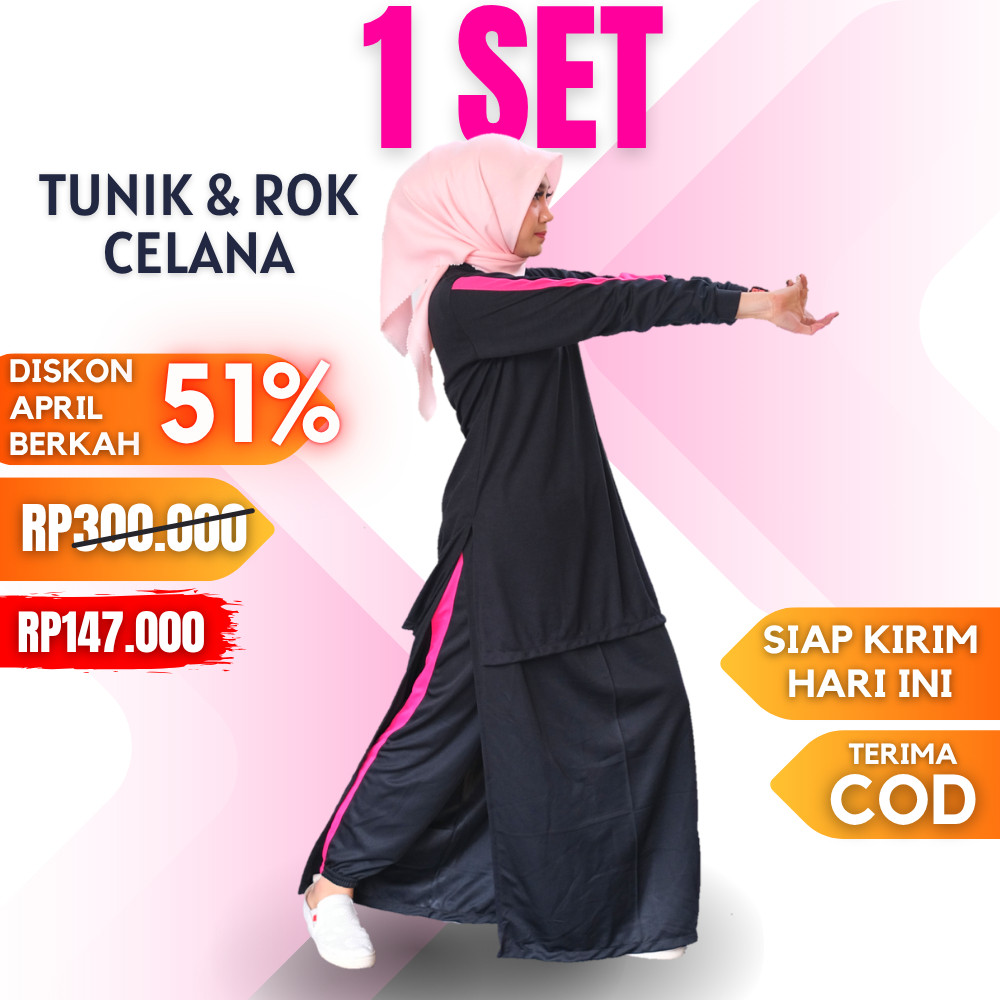 (Buddystore) Setelan Olahraga Muslimah Jumbo Baju Wanita Muslim Syari Set Rok Celana Training Pakaia