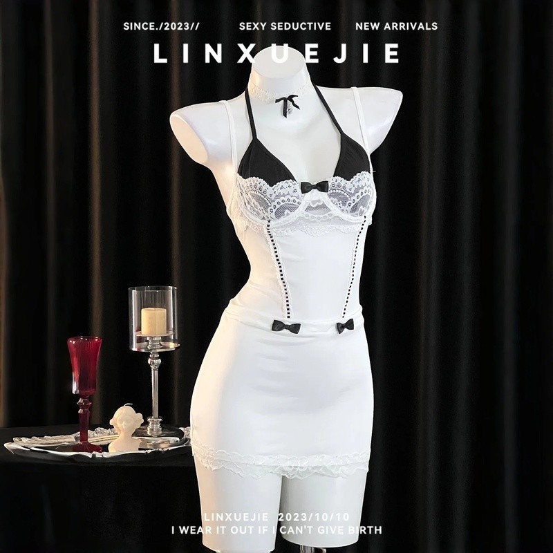 Lingerie Dress Wanita Renda French Putih Mesh Transparan Pita Mini Dress Bodyfit