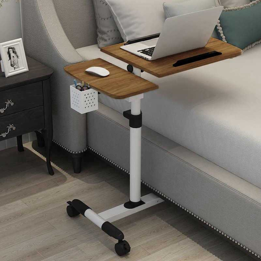 Meja Laptop Lipat Portable Teleskopik Roda Meja Belajar Kerja Tempat Tidur Ketinggian Bisa Atur Kayu
