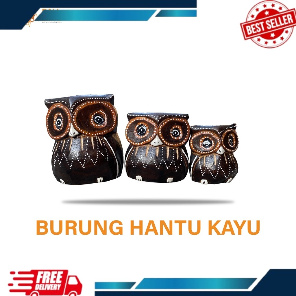 Patung Burung Hantu - Patung Owl Kayu Set 3 - Patung Celepuk Set 3 - Patung Binatang - Patung Hewan 