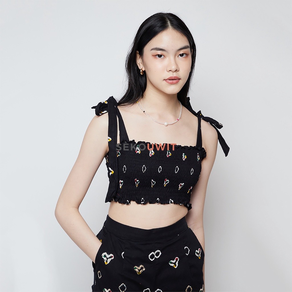 Celana Batik Jumputan Wanita Hibiscus Batik Jumputan Set Pants And Top Sekouwit - Black