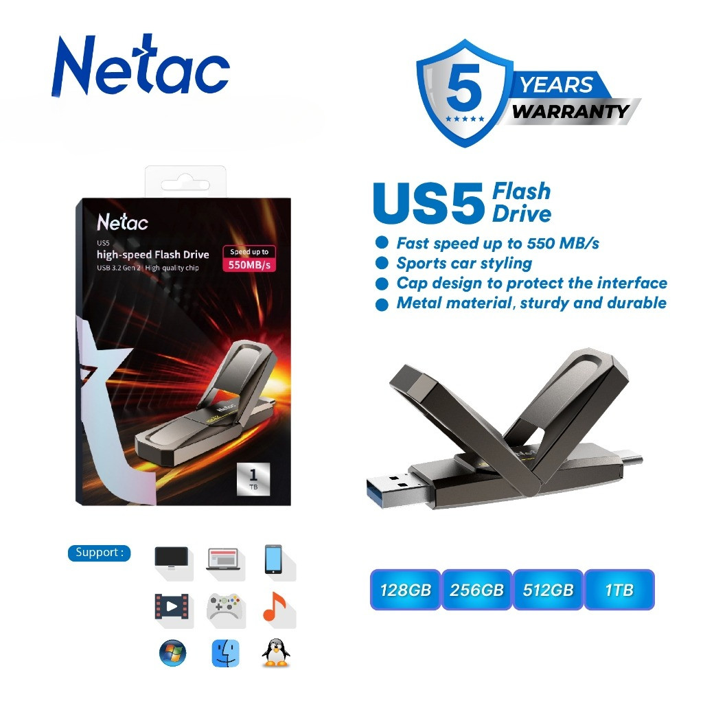 Netac OTG Flashdisk US5 / US9 USB 3.2 +  Type C Solid State Flash Drive 128GB/256GB/512GB/1TB Dual F