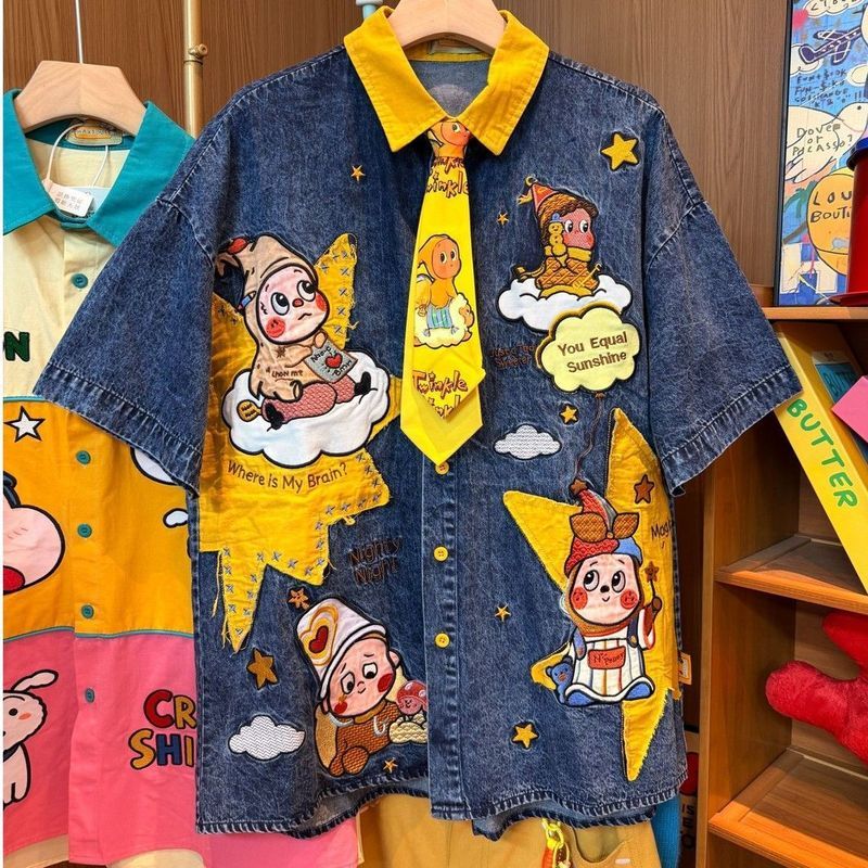 Kemeja pria motif kartun, potongan ramping, serbaguna, longgar, pakaian kasual pria.