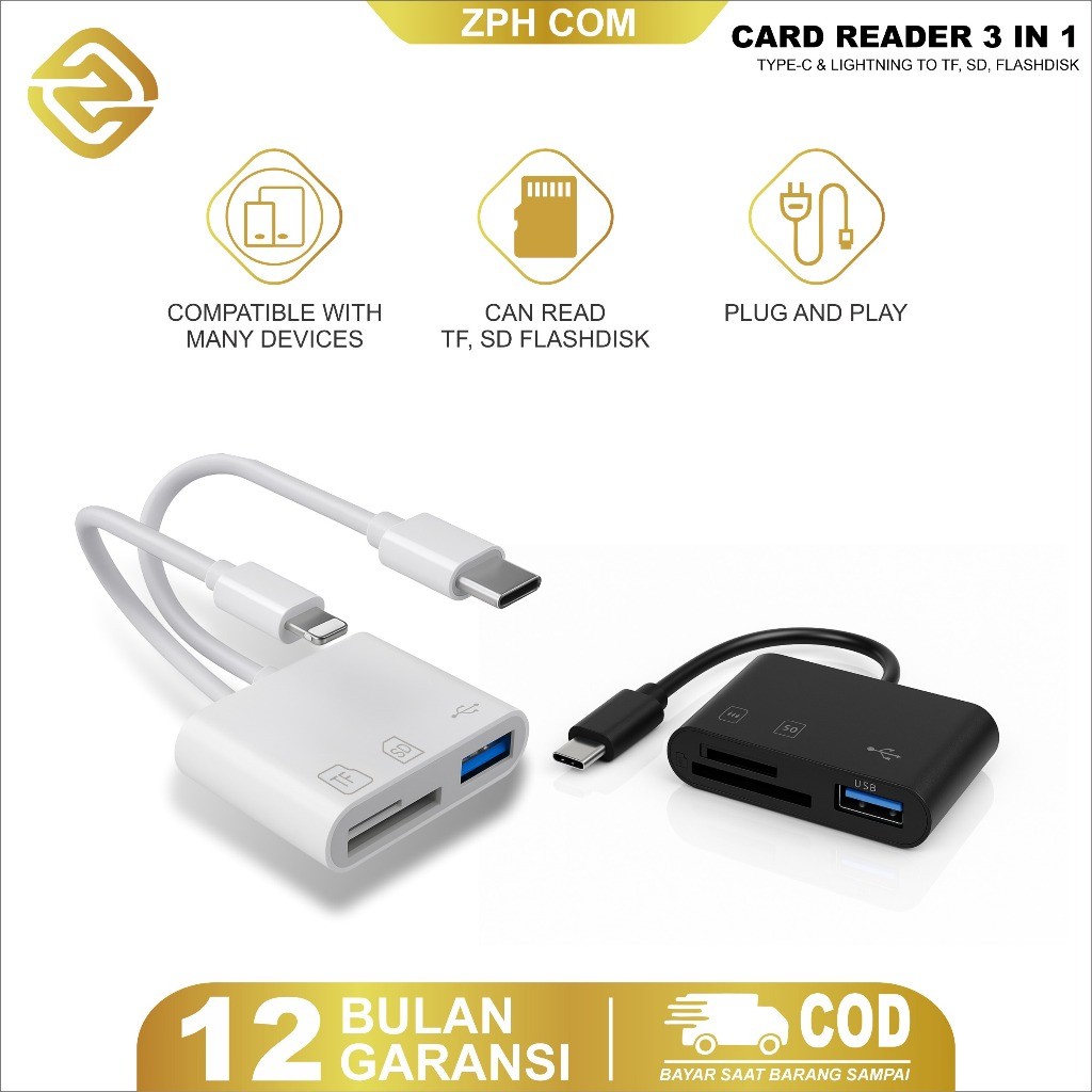 Pdka -Card Reader 3in1 OTG HUB Micro USB dan Type C - Lightning - USB Flashdisk - SD Card - MicroSD 
