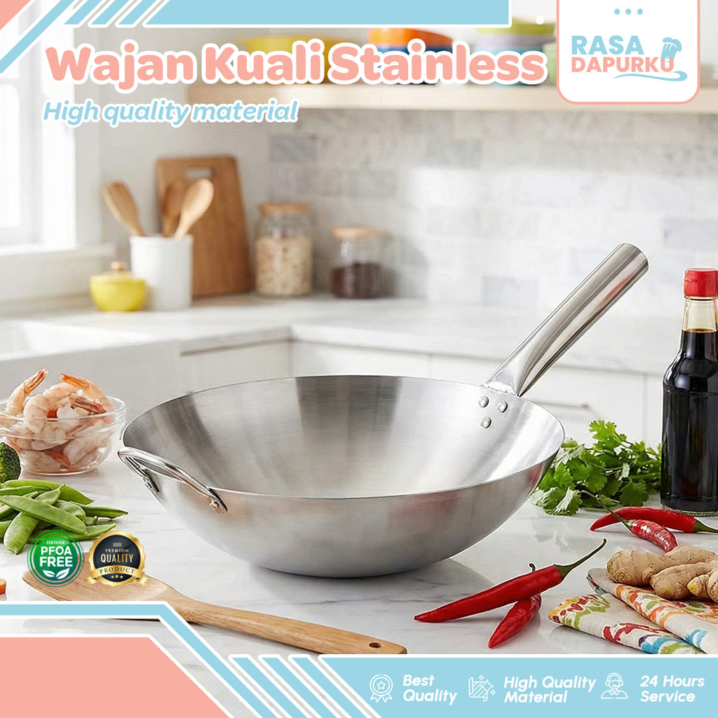 Rasa Dapurku Wajan Wok Stainless Steel Kuali Penggorengan Anti Lengket 34-43 CM G215