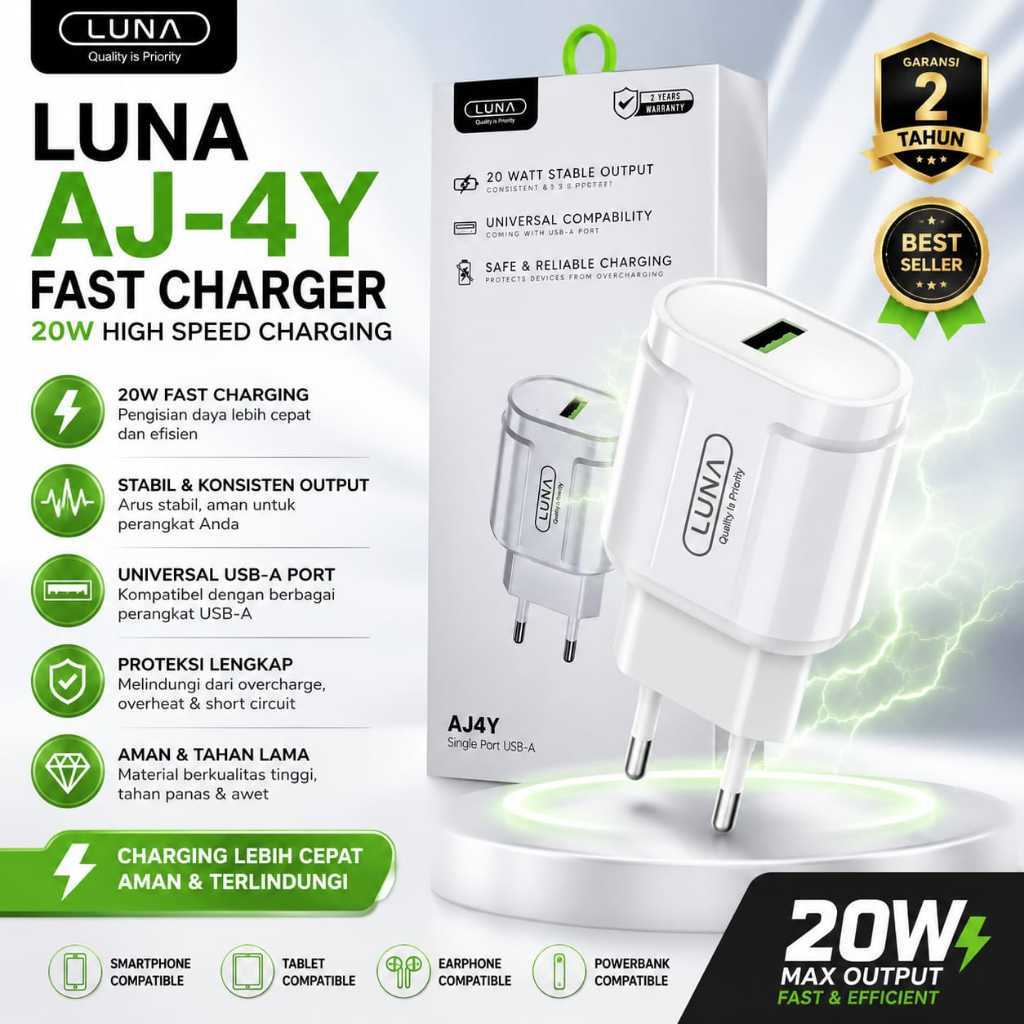 LUNA AJ-4Y Adapter Charger QC 3.0 20W Fast Charging USB – Adaptor Cas HP Original Multi Protection
