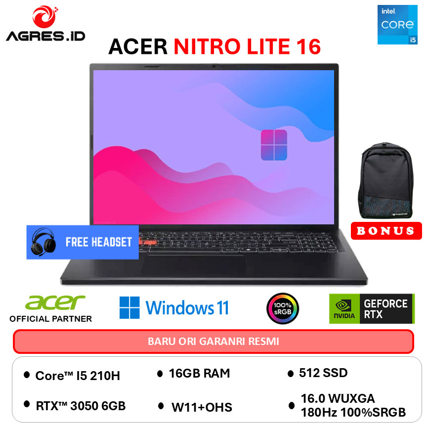 ACER NITRO LITE 16 CORE I5 210H RTX3050 6GB - 16GB 512GB W11+OHS 16.0WUXGA 180HZ 100SRGB -71G.5613