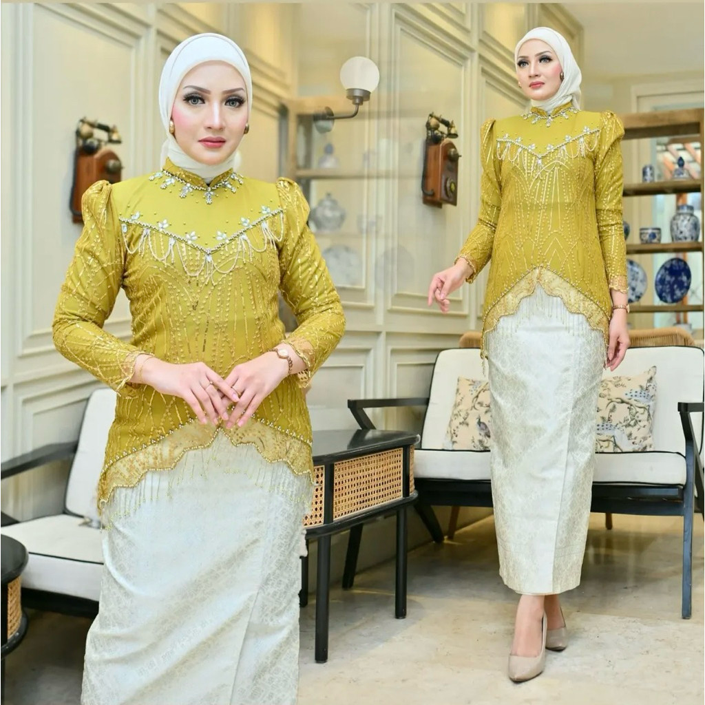 Kebaya Azzura Rumbai Set Rok Songket Mewah Kebaya Wanita Modern Kebaya Pesta Rumbai Mewah Kebay Paye